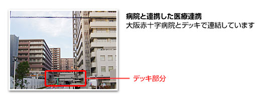 大阪赤十字病院とデッキで連結しています。 大阪赤十字病院とデッキで連結しています。